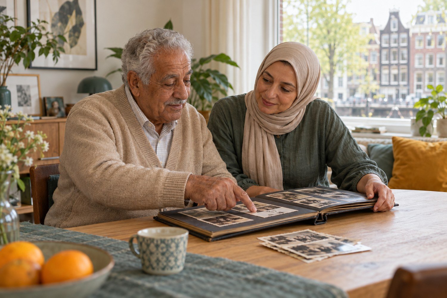 Sfeerbeeld van een oudere man en een naaste die samen een familiealbum bekijken