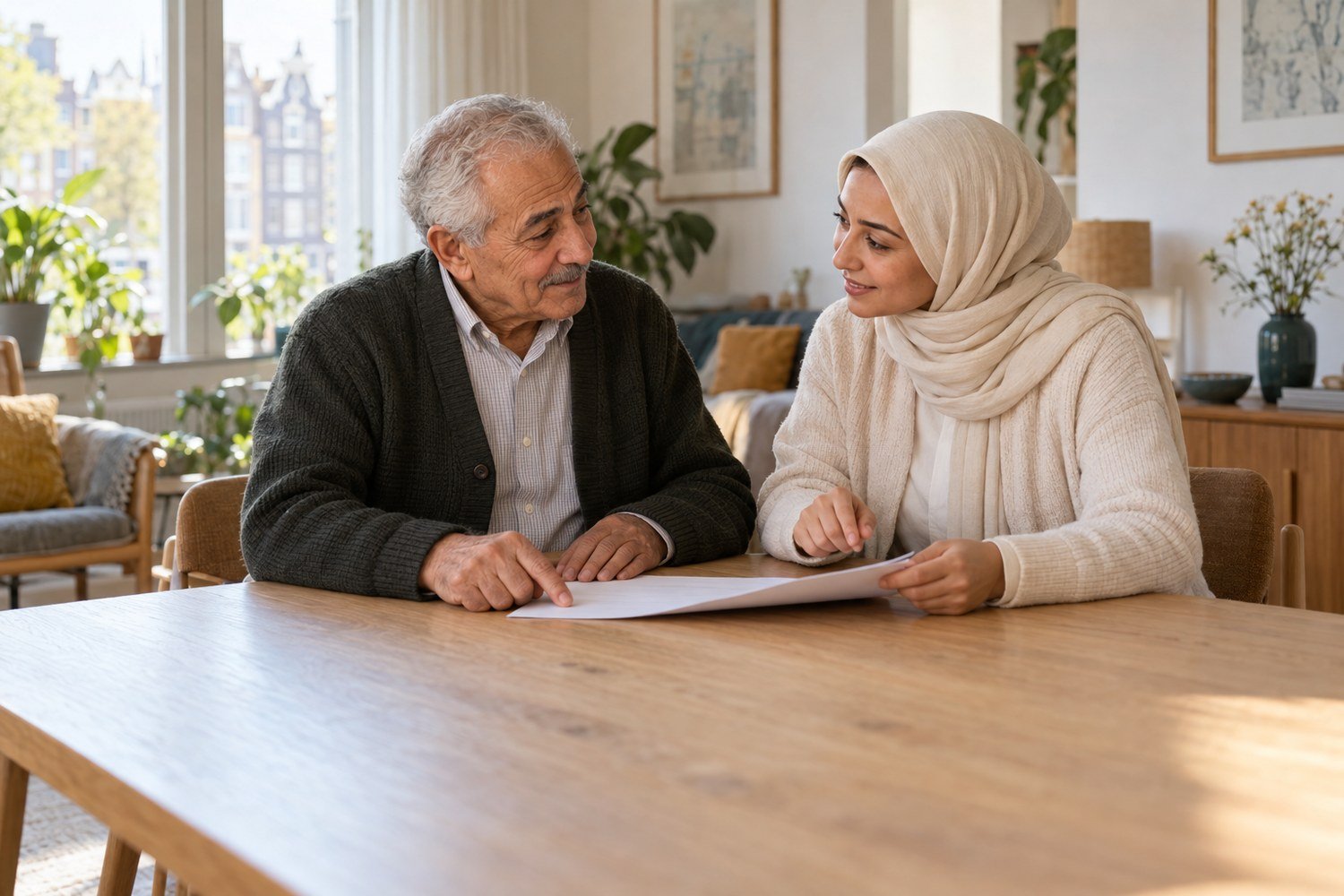 Sfeerbeeld van een zorgverlener en een oudere man die samen een dagelijkse planning bespreken