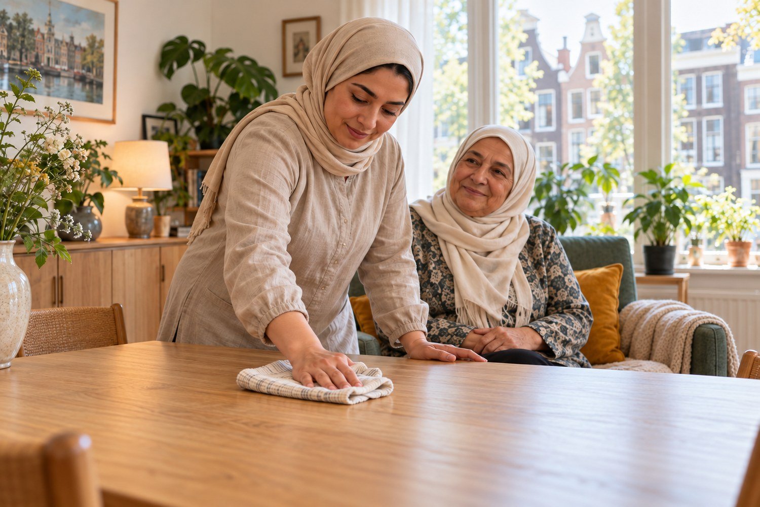Sfeerbeeld van een huishoudelijke hulp die een eettafel schoonmaakt in de woning van een oudere vrouw